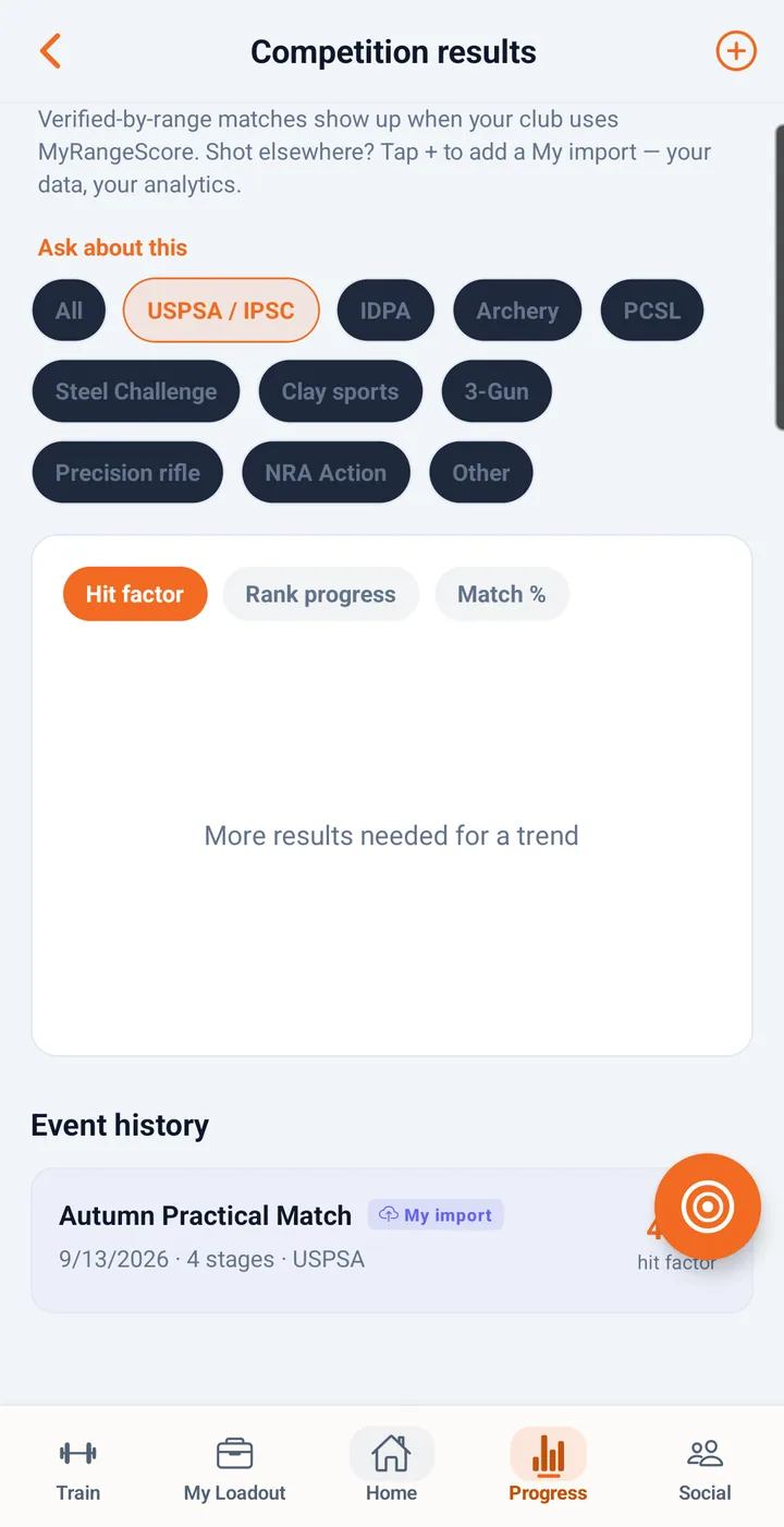 Competition results in a demo account, with the match history filters and a saved USPSA match.