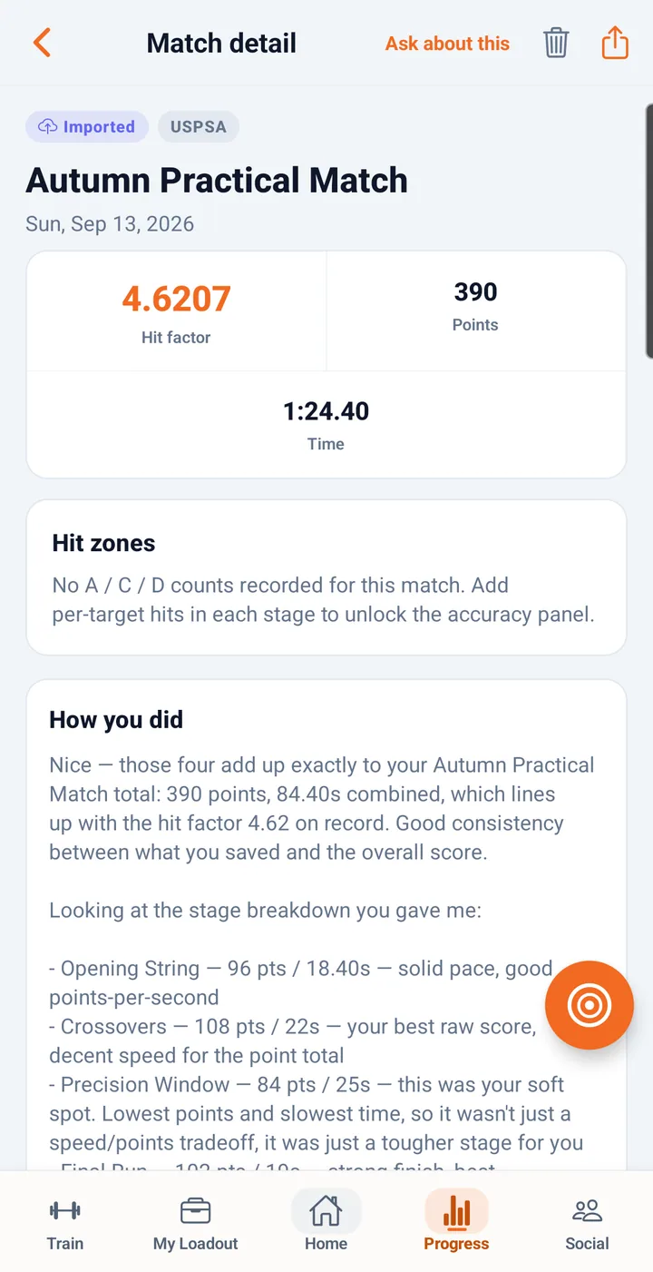 A saved match in a demo account, with its hit factor, points, time and a stage-by-stage breakdown.