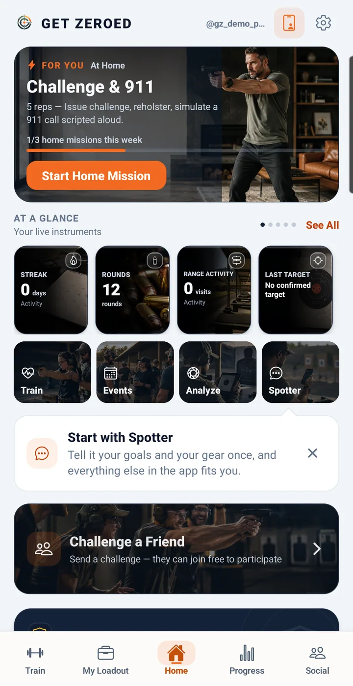 The Get Zeroed Home screen in a demo account.